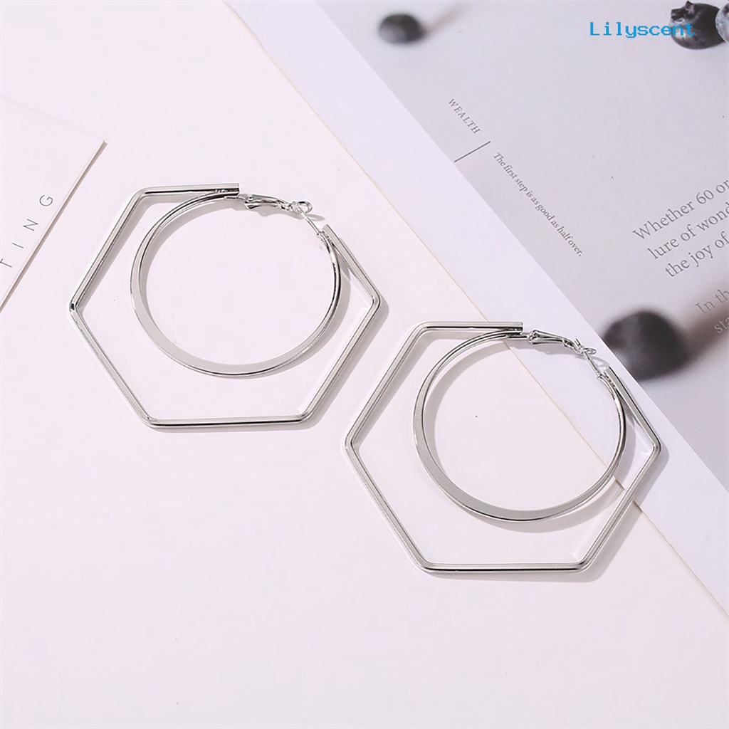 [LS] 1pasang Unik Wanita Berlebihan Geometri Putaran Besar Hexagon Drop Earring Perhiasan Aksesori Untuk Belanja