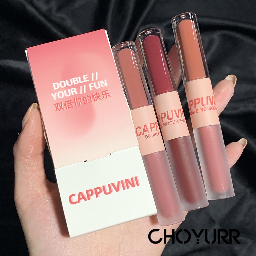 【COD】Cappuvini 2 In1 Mud Lipstik Lip Cream Lip Gloss Dua Ujung Lip Cream Matte &amp; Glossy Lipstik-CH