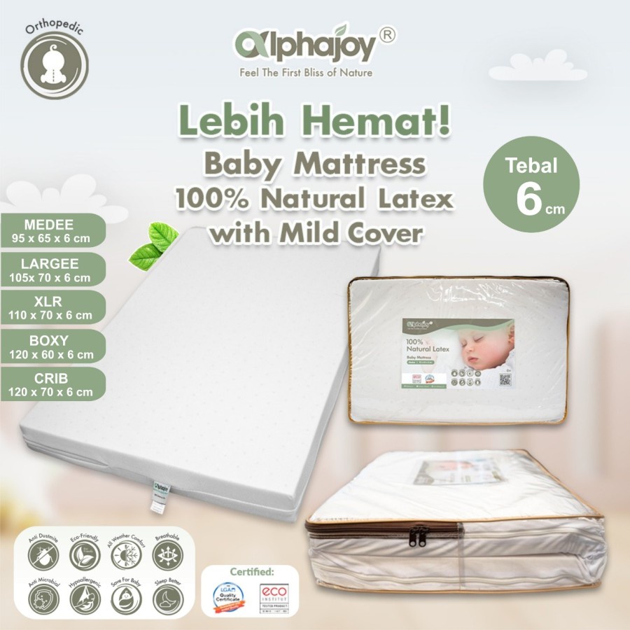 Alphajoy Baby Mattress Mild Cover kasur bayi 100% Natural Latex 95 x 65 size 105 x 70 uk 110 x 70 ma