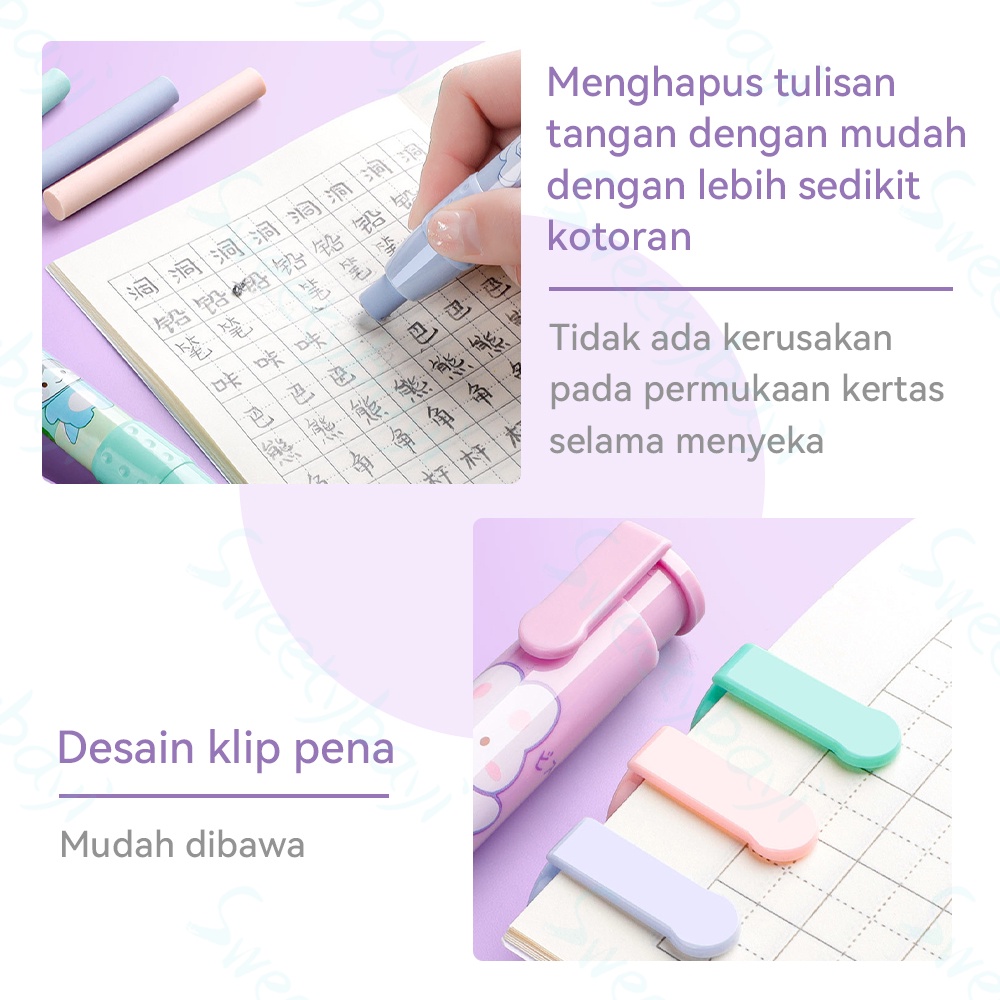 Sweetybayi Penghapus mekanik anak set Sliding eraser kartun Mechanic eraser dengan 2pc refill