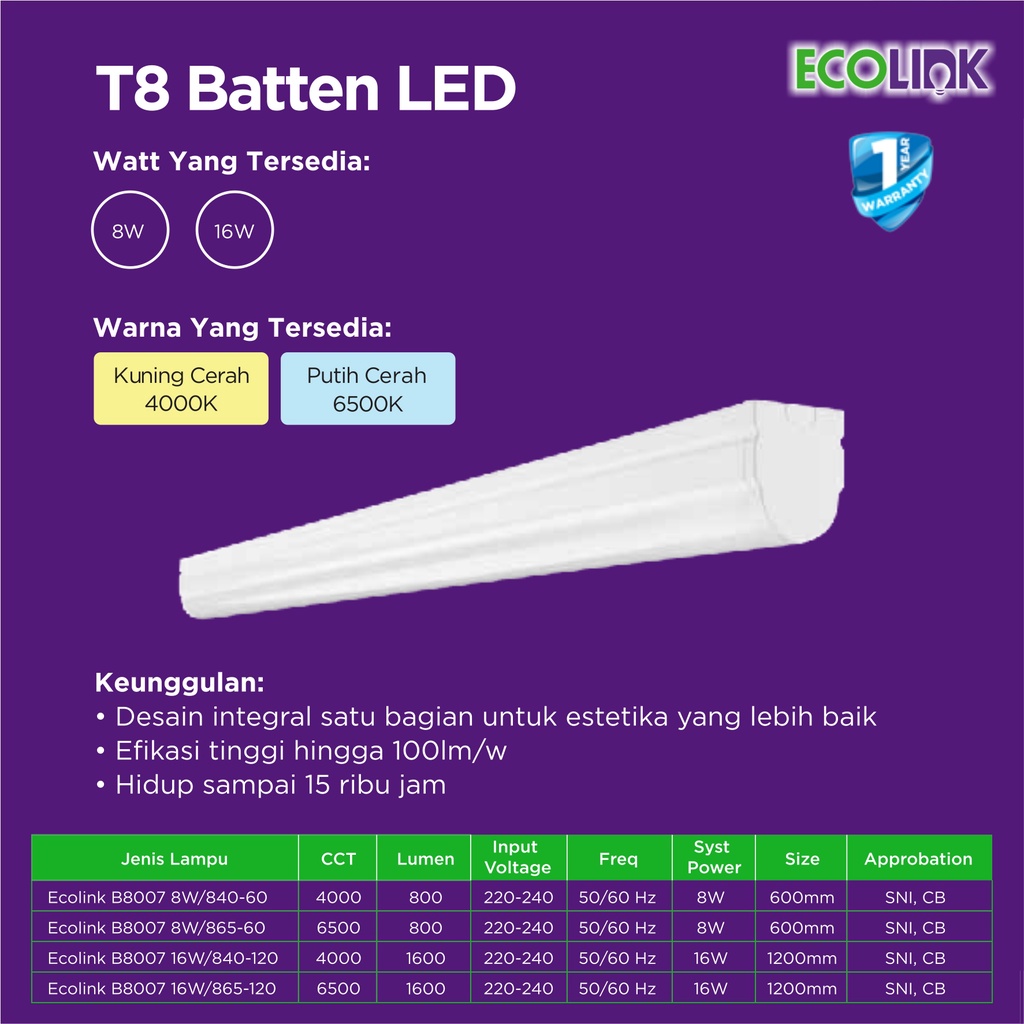 Ecolink T8 Batten 8 Watt LED Panjang 16 W Lampu Neon 8Watt 16 Watt