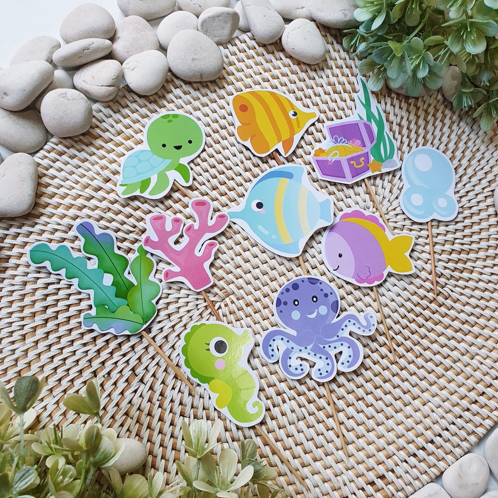 isi 10 cake topper hiasan kue ulang tahun karakter Binatang Laut / Hewan Laut / Sea Animals