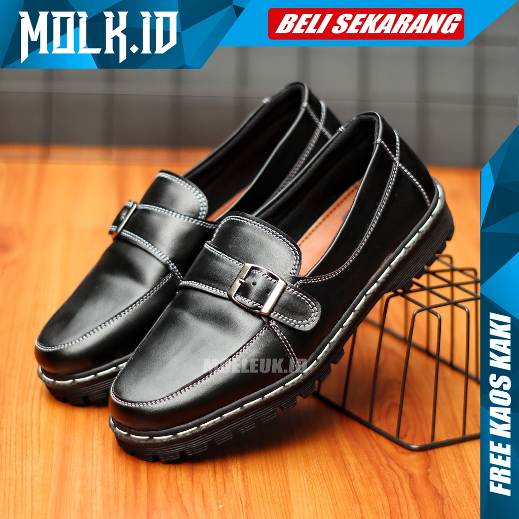 MOLK Sepatu Formal Pria Slip On Casual Kulit Pu Original Pantopel Kasual Kerja Kantor Pns Resmi Kondangan Hitam