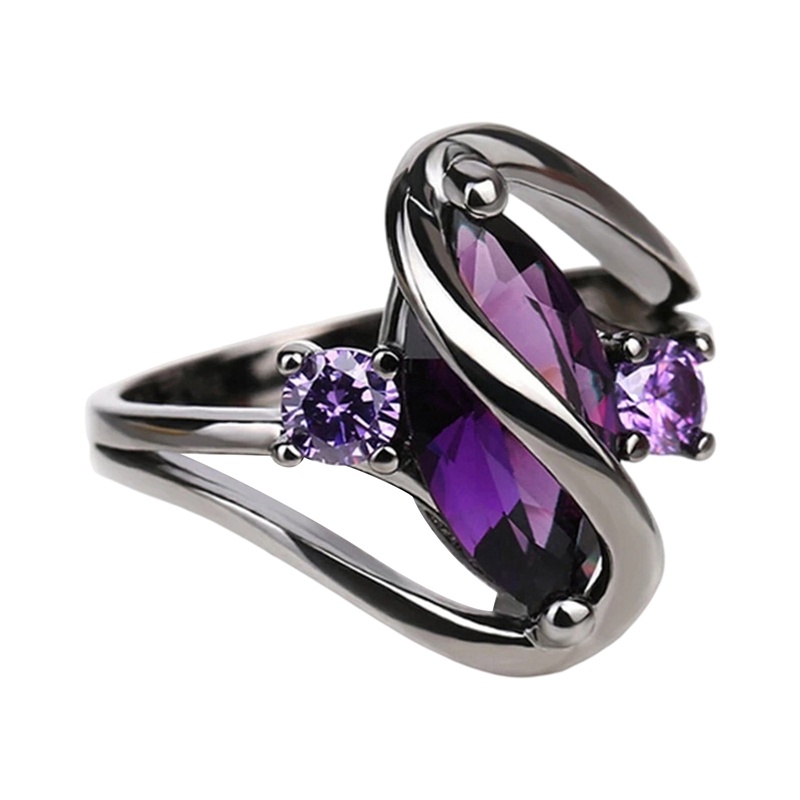 Bunga Khusus Cincin Kawin Wanita Berlapis Hitam Dengan Ungu Marquise Cubic Zirconia Hadiah Kepribadian Untuk Perhiasan Pesta