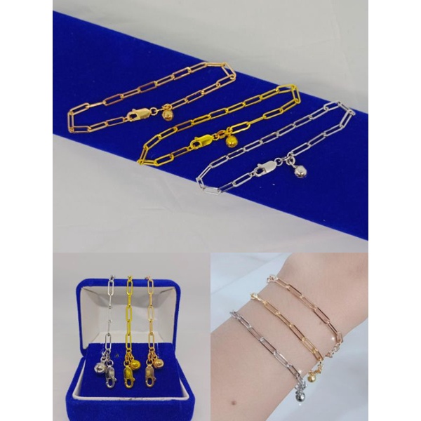 gelang tangan rantai paperclip+1bel/perak asli silver 925 lapis emas/perhiasan fashion wanita terbaru