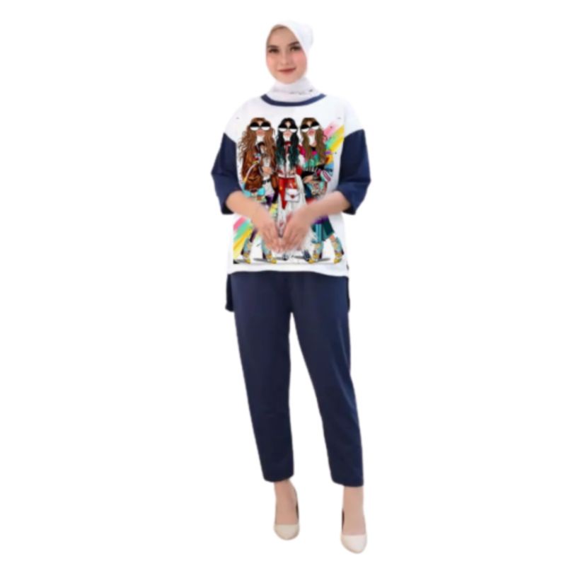 Setelan Kaos Wanita Dewasa Oversize Ld 110 cm Terbaru 2023 Viral Gambar Digital Printing Bahan Kaos Babyterry Tangan 3/4 dan Celana Panjang One Set Wanita Dewasa Jumbo Kekinian Atasan Baju Wanita Dewasa Big Size Stelan Baju Wanita Santai Cewek 84