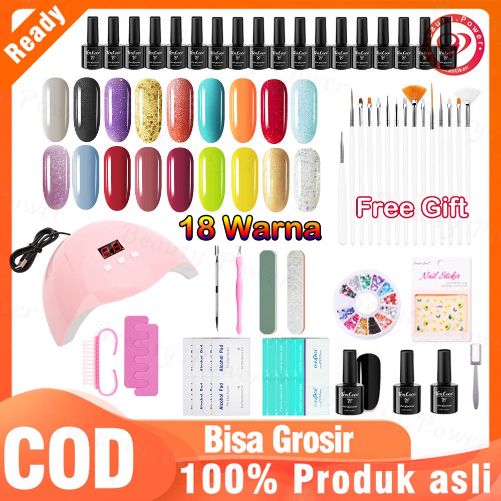 Set Lampu Kuku UV 48W dan 18 warna set gel nail art, Set Manikur Seni, Atasan dan Tidak Mengilap dengan Lapisan Dasar