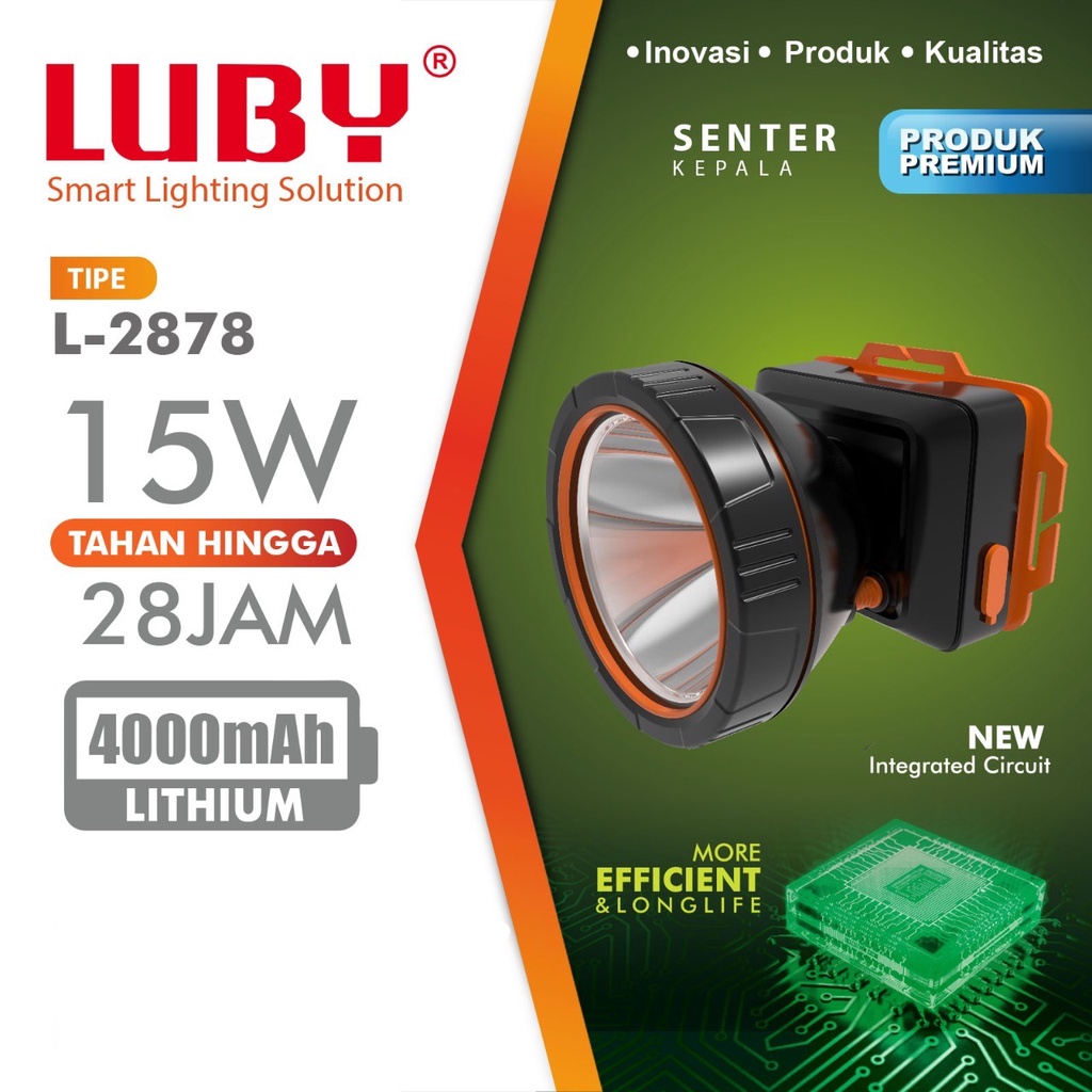 Senter Kepala Luby 15 Watt L-2878 LED Putih Recharge Waterproof Original