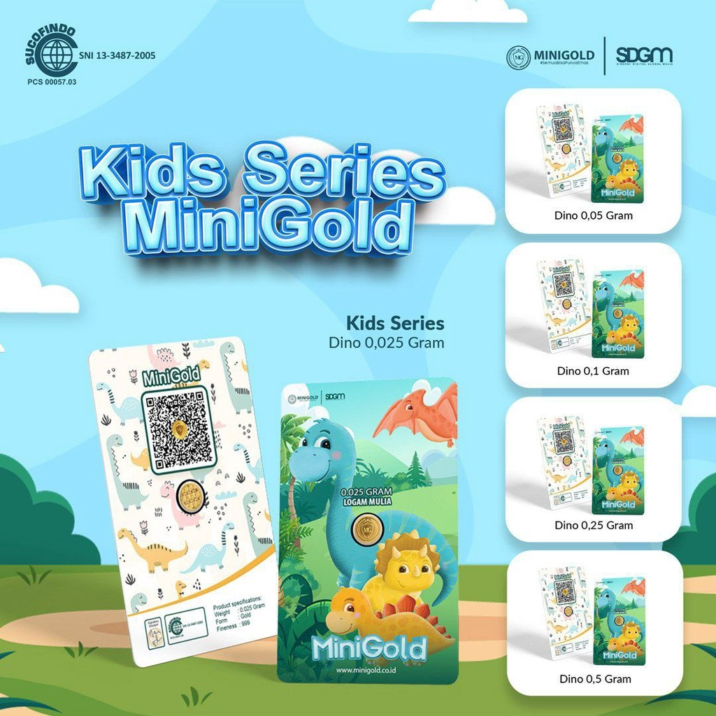 MINIGOLD Gift Series 0.025 Gram Kids Dino Kemasan PVC TERMURAH TERLARIS Emas Mini Emas Batangan Logam Mulia Murni 24 Karat Bersertifikat Resmi Asli Original Tabungan Emas Souvenir Keren Mewah