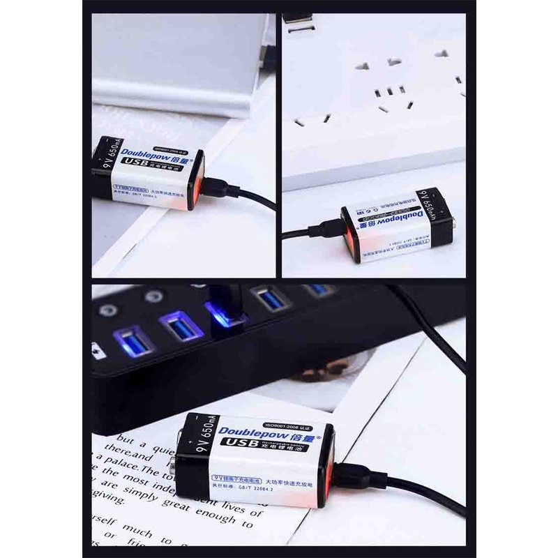 DOUBLEPOW Baterai 9V 650mAH Rechargeable, cass ulang dengan MicroUSB (kepala charger HP) baterai microphone dan alat elektronik bisa di cass ulang batre batu batrei bateray barey doble pow untuk remote RC atau Microphone wireless multimeter, gitar listrik