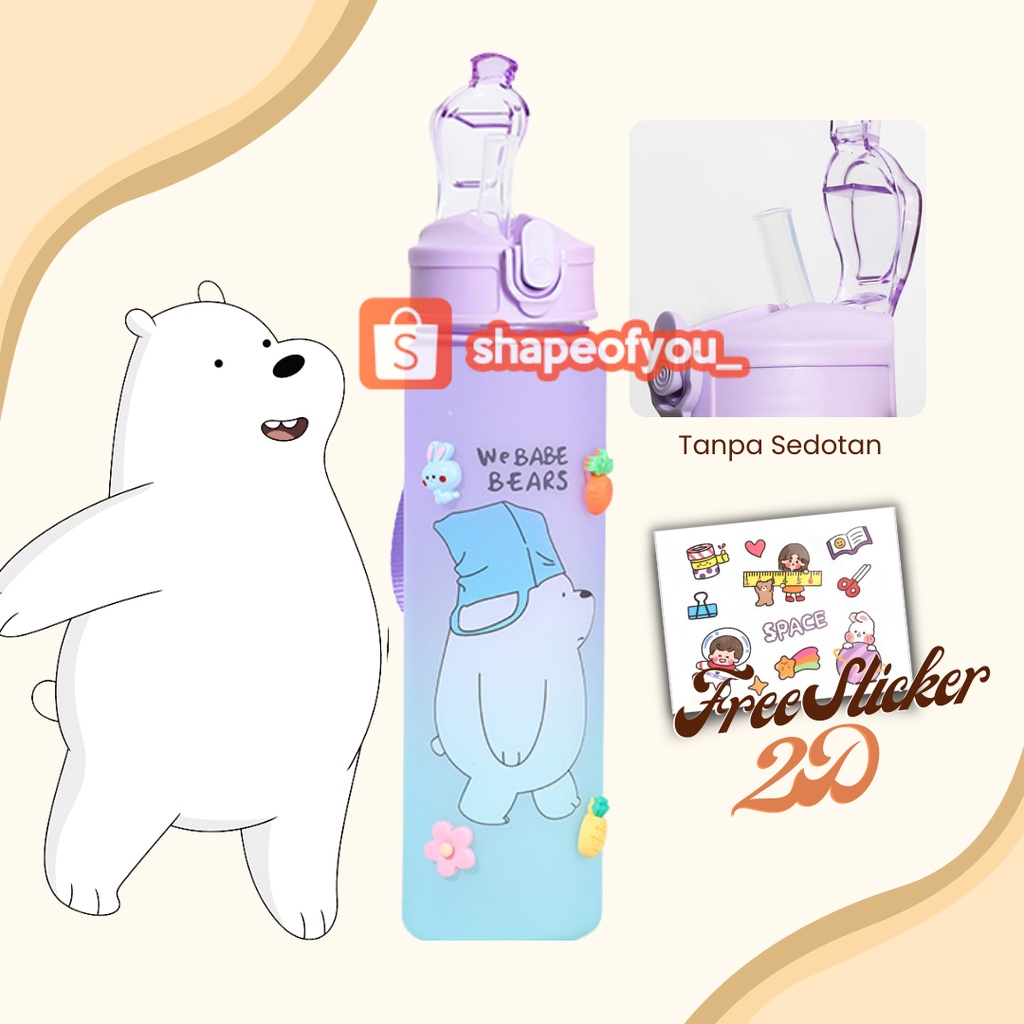 Botol Minum Rainbow Karakter We Babe Bears 850ml Sedotan Tali Strap Freee Sticker