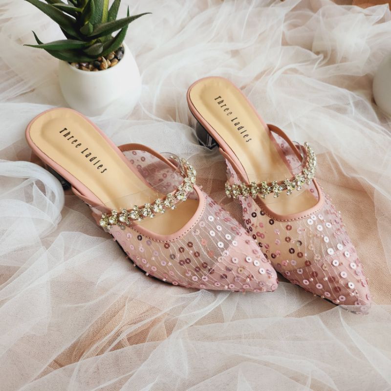 Keisya heels 4 cm Sendal wanita hak kaca brukat payet