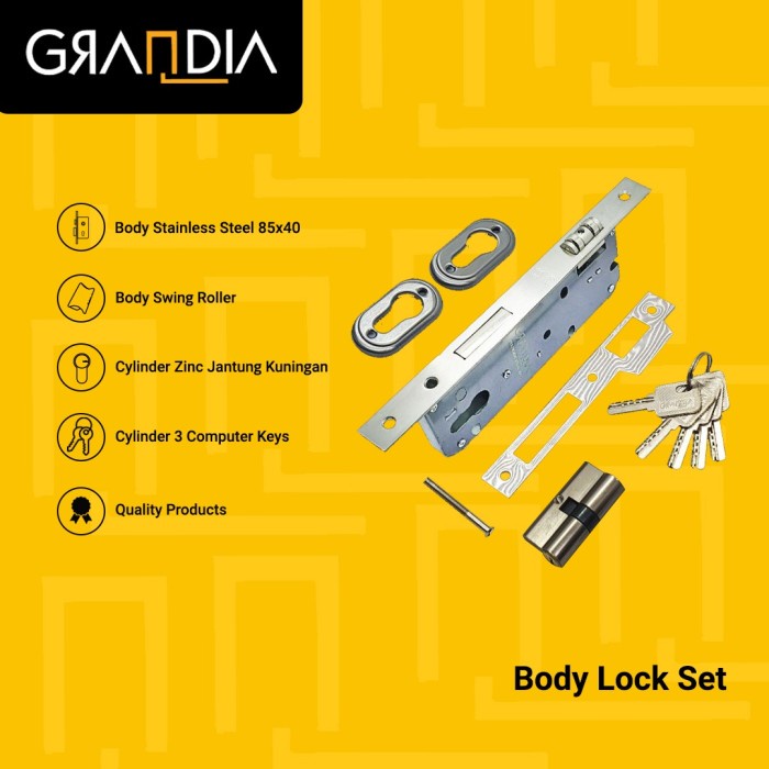 Gagang Body Pelor 3R Roller Pintu 2 Dua + Silinder 5 Anak Kunci 60Mm Grandia