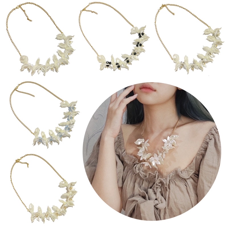 Alison Flowery Pearl Necklace Kalung Crystal Panjang Hijab Bunga Kristal Rantai