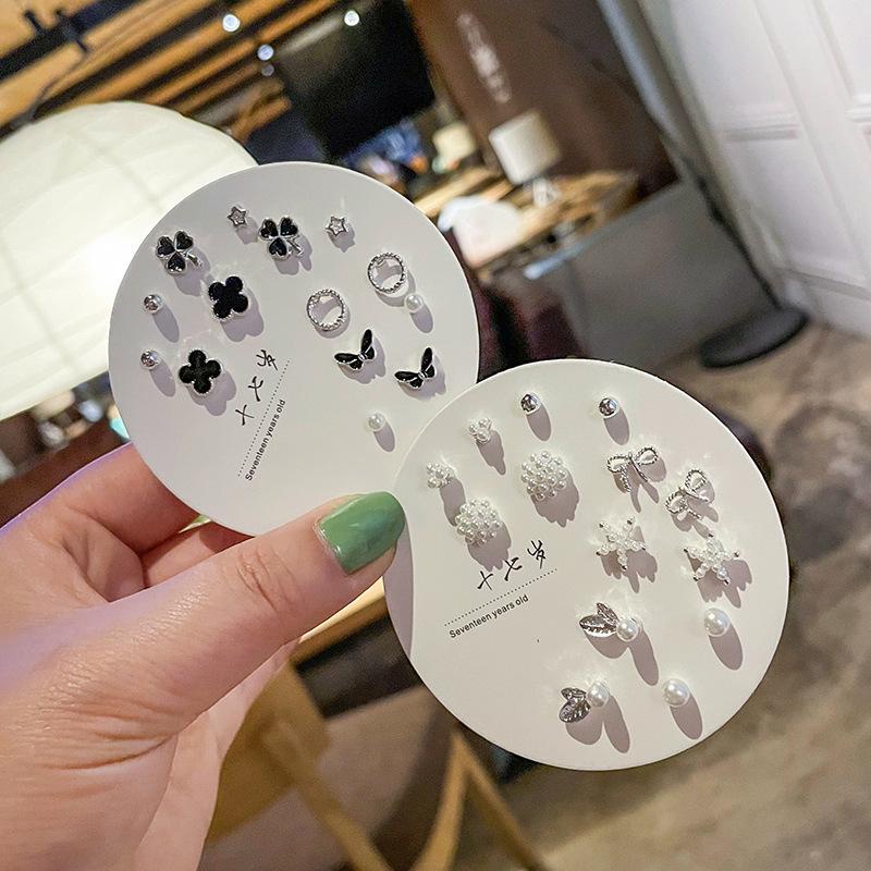 Anting Set 14 Pcs / 7 Set Anting Stud Bulat Silver Model Kupu-Kupu Hati Bola Mutiara Kotak-Kotak Hitam Putih Untuk Wanita
