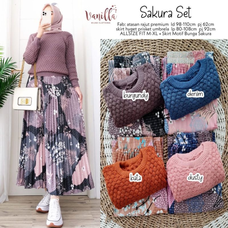 sakura setelan rok wanita alfashion vanila rajut batwing atasan knit rok plisket motif tunik jumbo l