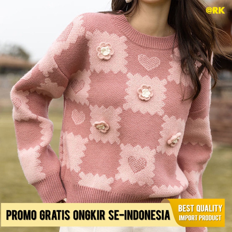 Cardigan Cewek Korea Fashion Style Bunga Warna Kontras Jantung Rajutan Sweater 2022   Musim ngin  Ma