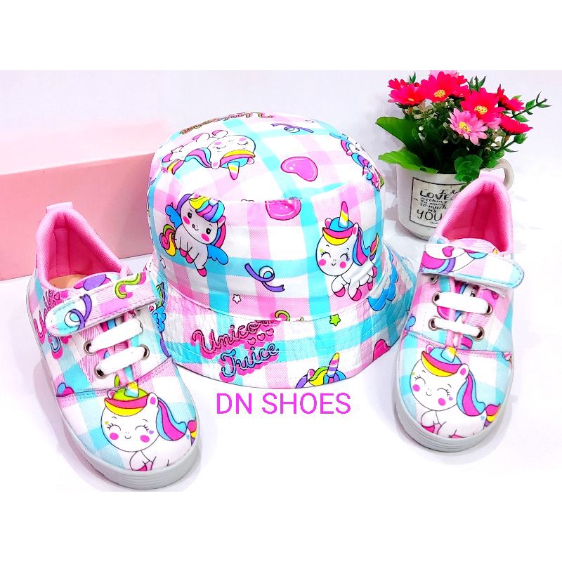 Paket Sneakers Anak Topi Bucket Anak Perempuan Paket Sepatu Tali Anak Topi Bucket Tali Hat Anak Perempuan Lucu Karakter Unicorn Tosca Pink Juice