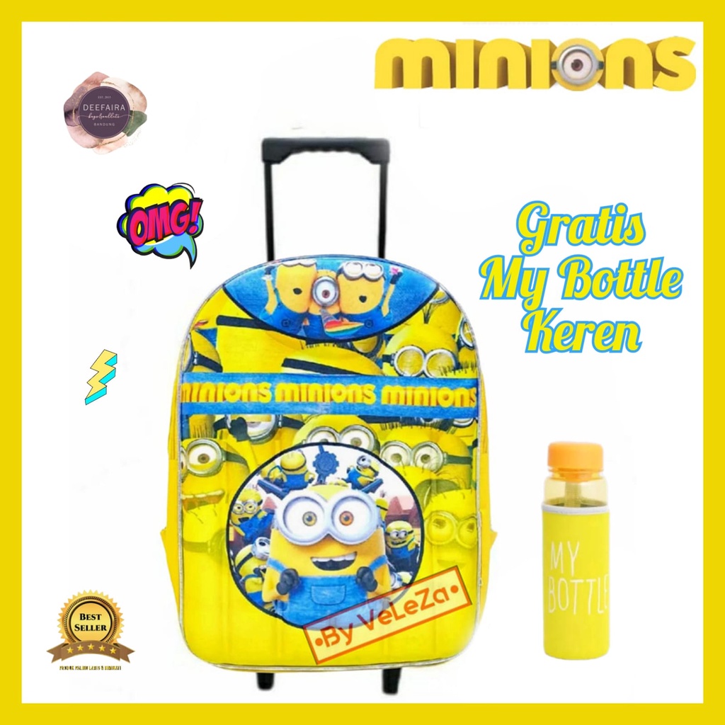 Tas Ransel Troli Anak Tk Paud Sd Motif Min1ons Yellow Gratis Botol Minum Keren