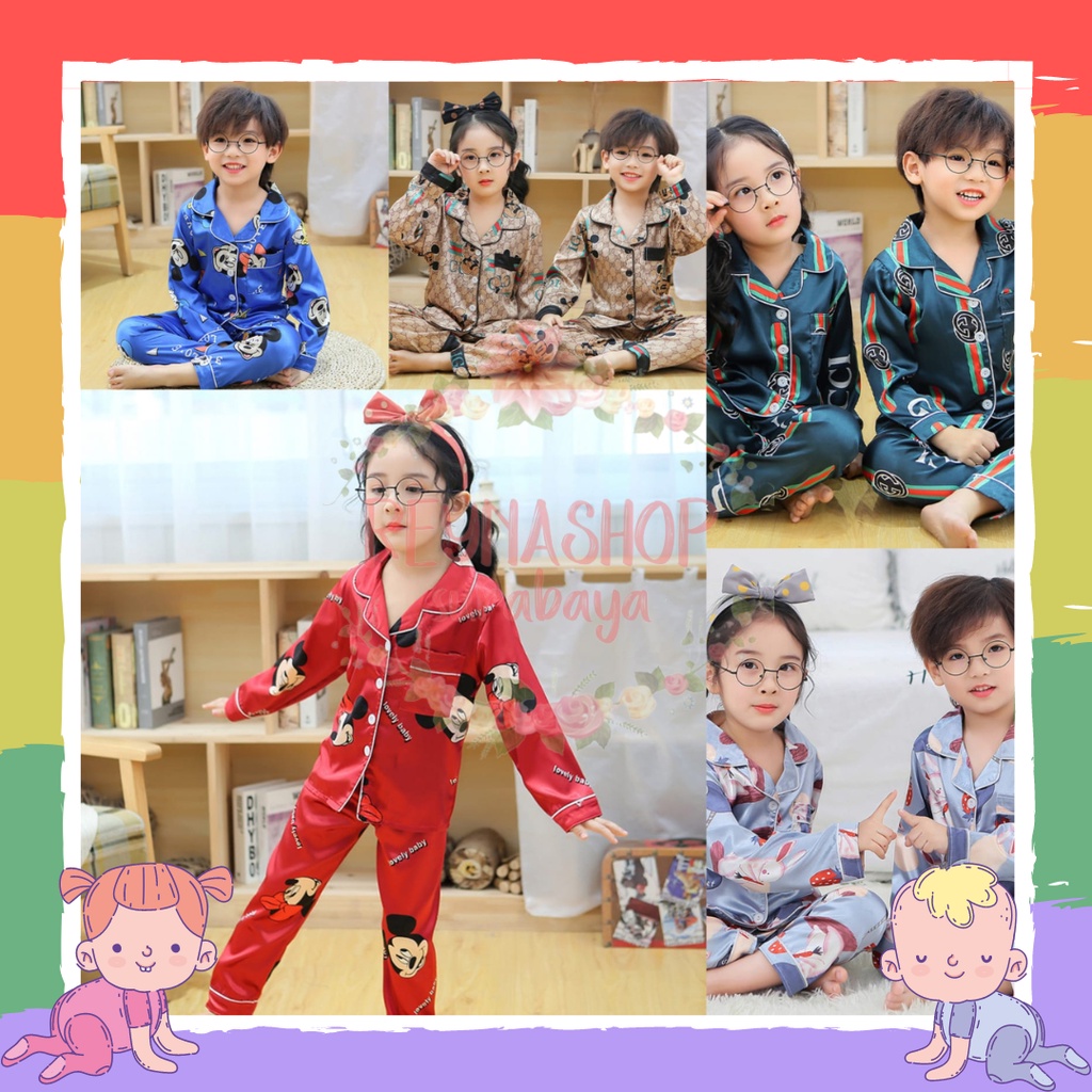 (EA-EE) BAJU TIDUR ANAK PIYAMA SILK KANCING ANAK SET LENGAN PANJANG BAHAN LEMBUT