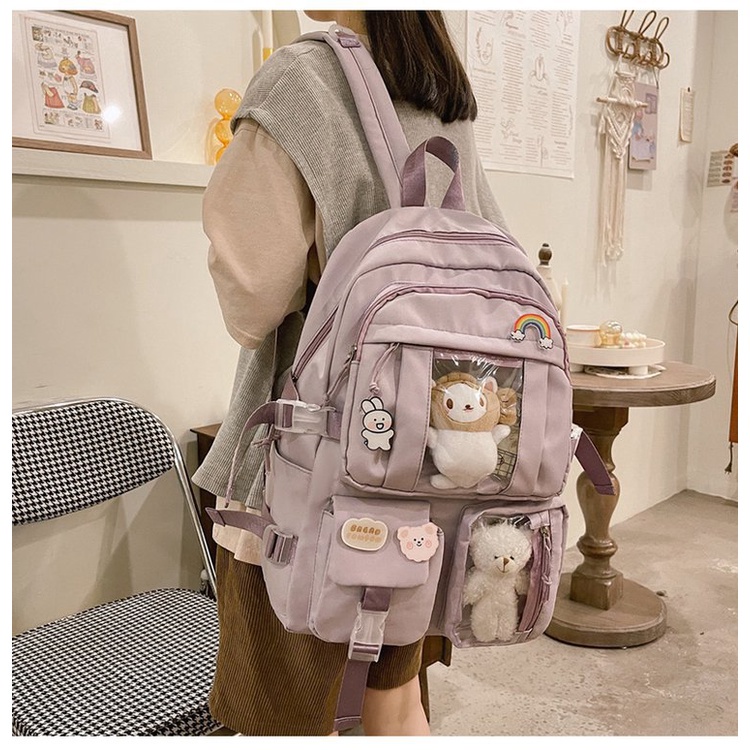 BA2207 Tas Ransel sekolah anak SD SMP SMA dengan 2 boneka dan pin hiasan size besar muat banyak Tas Ransel Korea Fashion Import / TAS RANSEL IMPORT WANITA ALA KOREA BACKPACK IMPORT TAS SEKOLAH KULIAH KERJA REMAJA