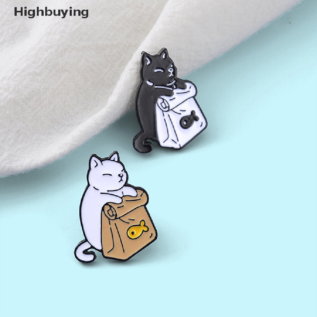 Hbid Pakan Sendiri Enamel Pin Lucu Hitam Putih Kucing Ikan Kering Tas Bros Kerah Badge Glory