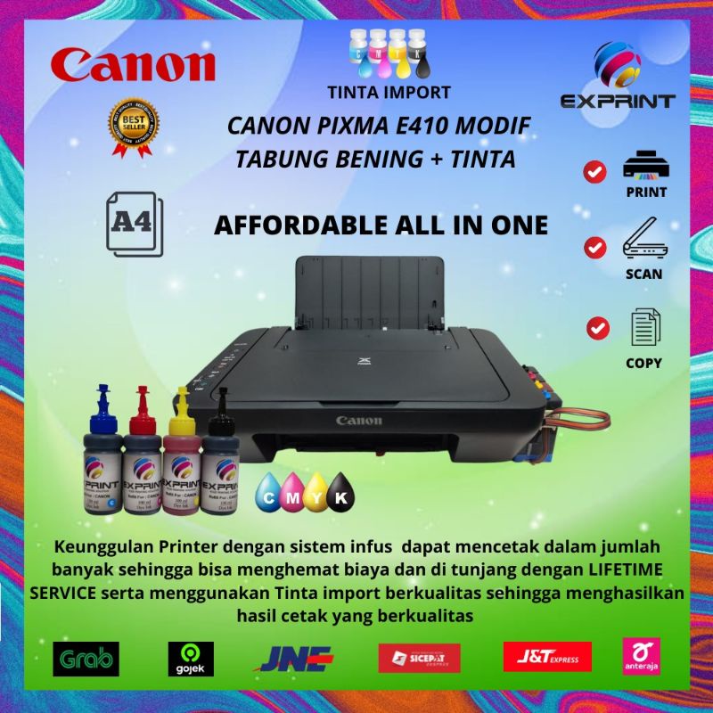 Printer Canon Pixma E410 Print Scan Copy Infus Tabung Bening