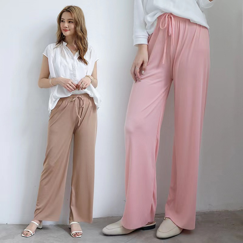 Stok bersih!Dasi Celana Wanita Kasual Longgar Sutra Es Wide Leg Long Pants