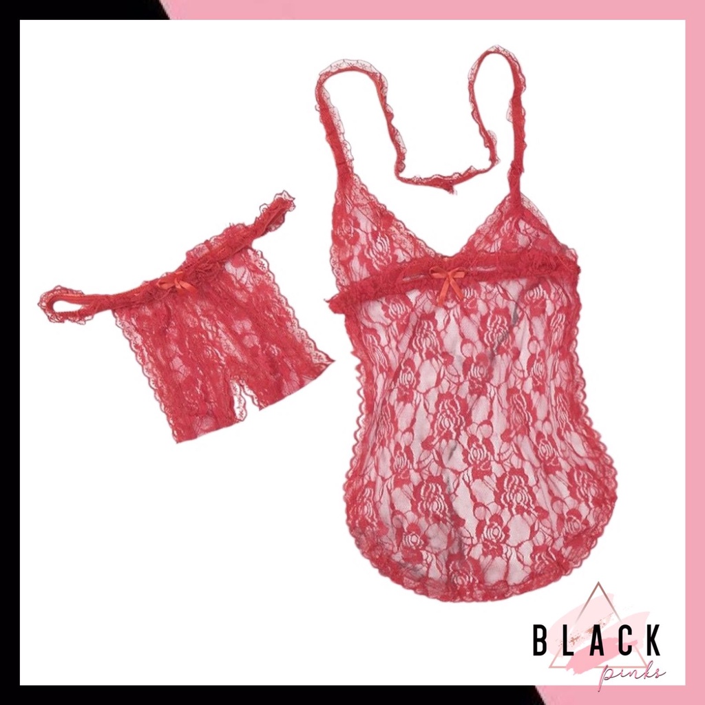 Blackpink Lingerie Set + G String Pakain Dalam Wanita Model Celemek Transparan 1078