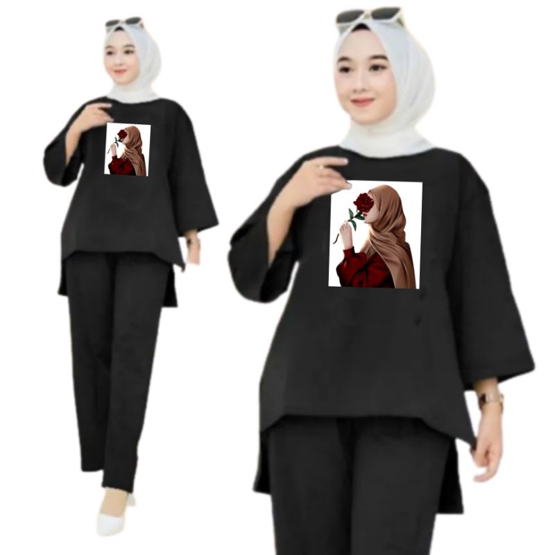 Setelan Kaos Wanita Dewasa Oversize Ld 130 cm Terbaru 2023 Viral Gambar DTF Bahan Kaos Babyterry Tangan 3/4 dan Celana Panjang One Set Wanita Dewasa Jumbo Kekinian Atasan Baju Wanita Dewasa Big Size Stelan Baju Wanita Santai Cewek Mawar