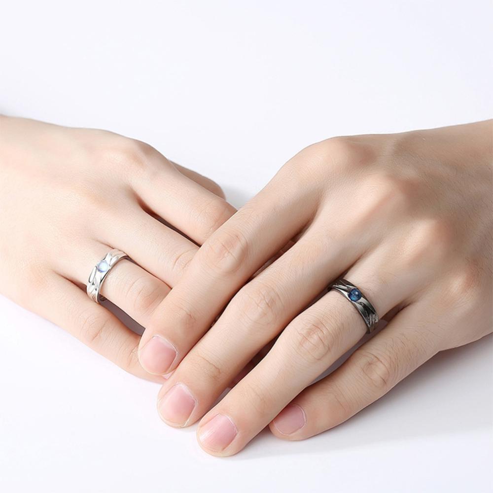 Timekey Fashion Retro Berwarna Glasir Moonstone Pasangan Cincin Malaikat Dan Setan Hitam Putih Pasangan Cincin Yang Dapat Disesuaikan Perhiasan Hadiah F7M6