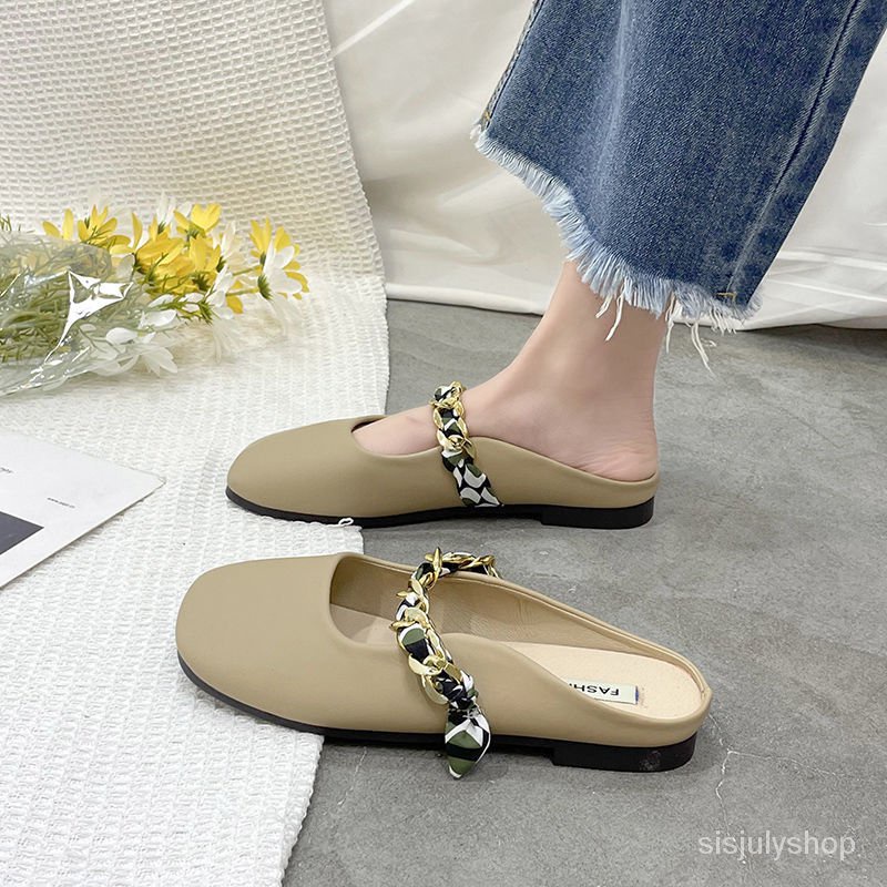 #Sisjuly# Sandal wanita baru datar bawah memakai sepatu luar mullet sepatu slip tahan setengah sanda