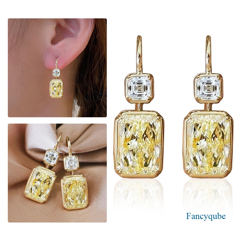 Sederhana Bergaya Persegi Kuning Cubic Zirconia Anting Kait Mewah Warna Emas Wanita Pernikahan Drop Earrings Fashion Perhiasan