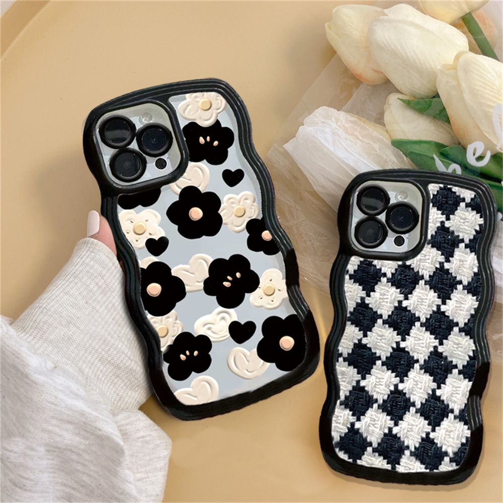 IPHONE Case Fashion Kompatibel Untuk Iphone11 14 12 13 Pro MAX iPhone7 8plus 6s Plus XR 14Plus XS MAX SE 2020 Bingkai Bergelombang Timbul Bunga Berlian Check Pattern Soft Clear Phone Cover BY