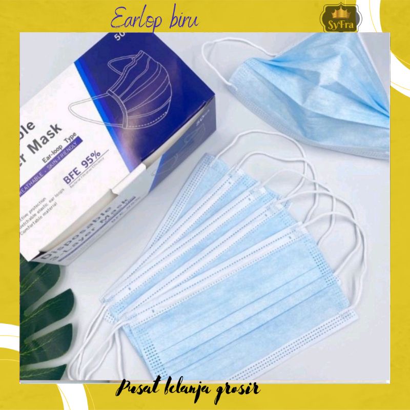 Masker 3ply Earloop  biru box random isi 50