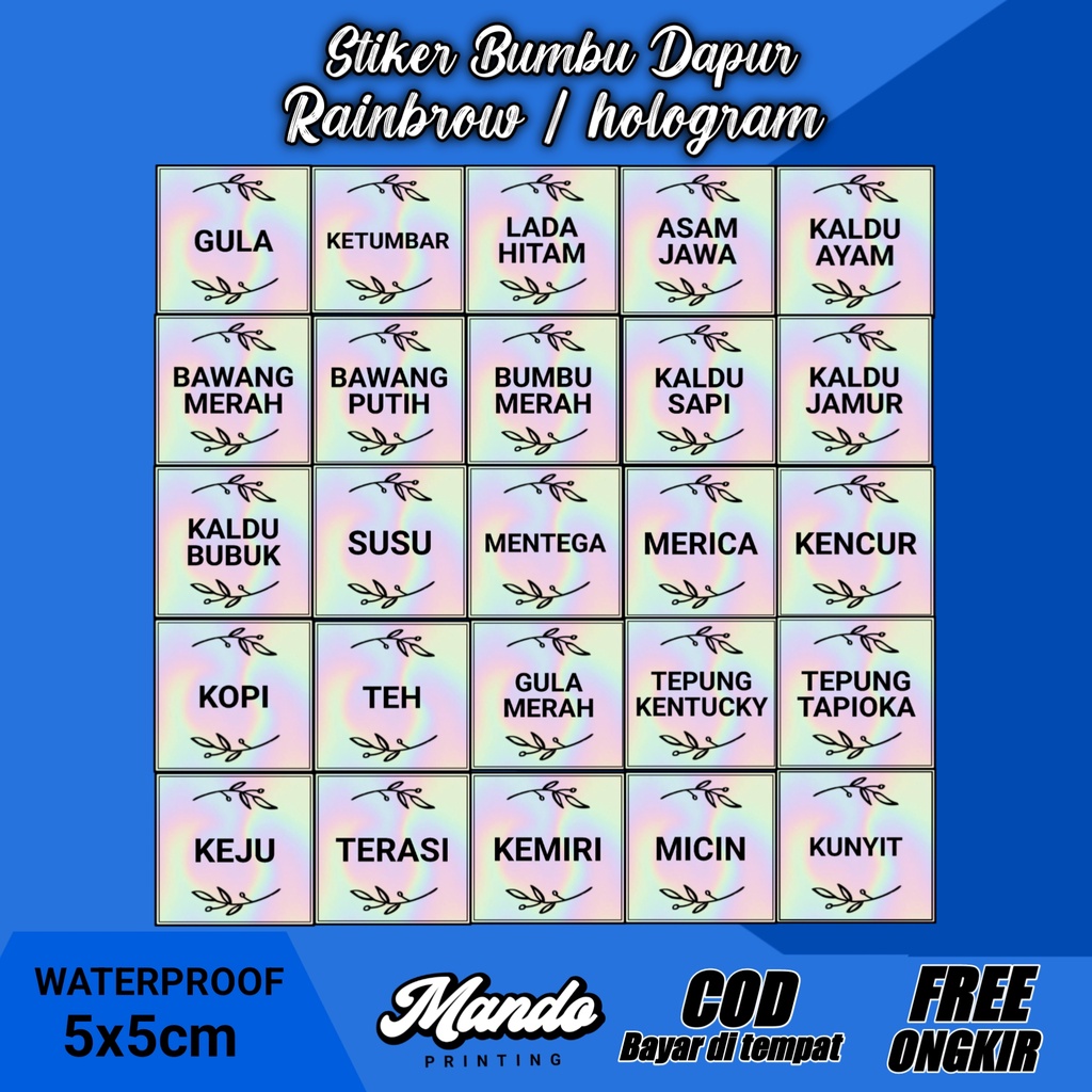 

Stiker Bumbu Dapur Rainbrow Hologram Waterproof Bisa Request 5x5cm