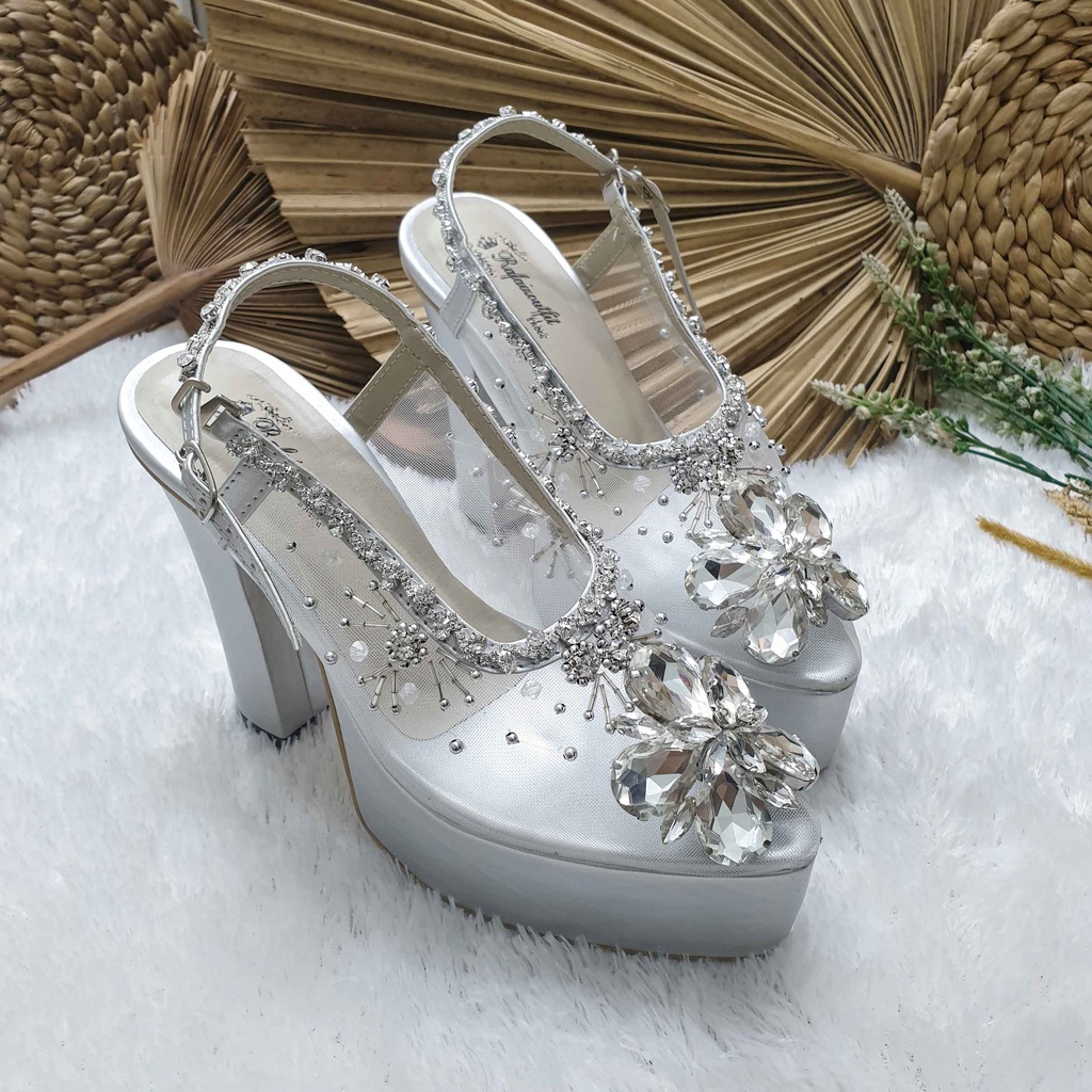 Sepatu wedding pesta cantik khansa silver payet mewah hal 12cm