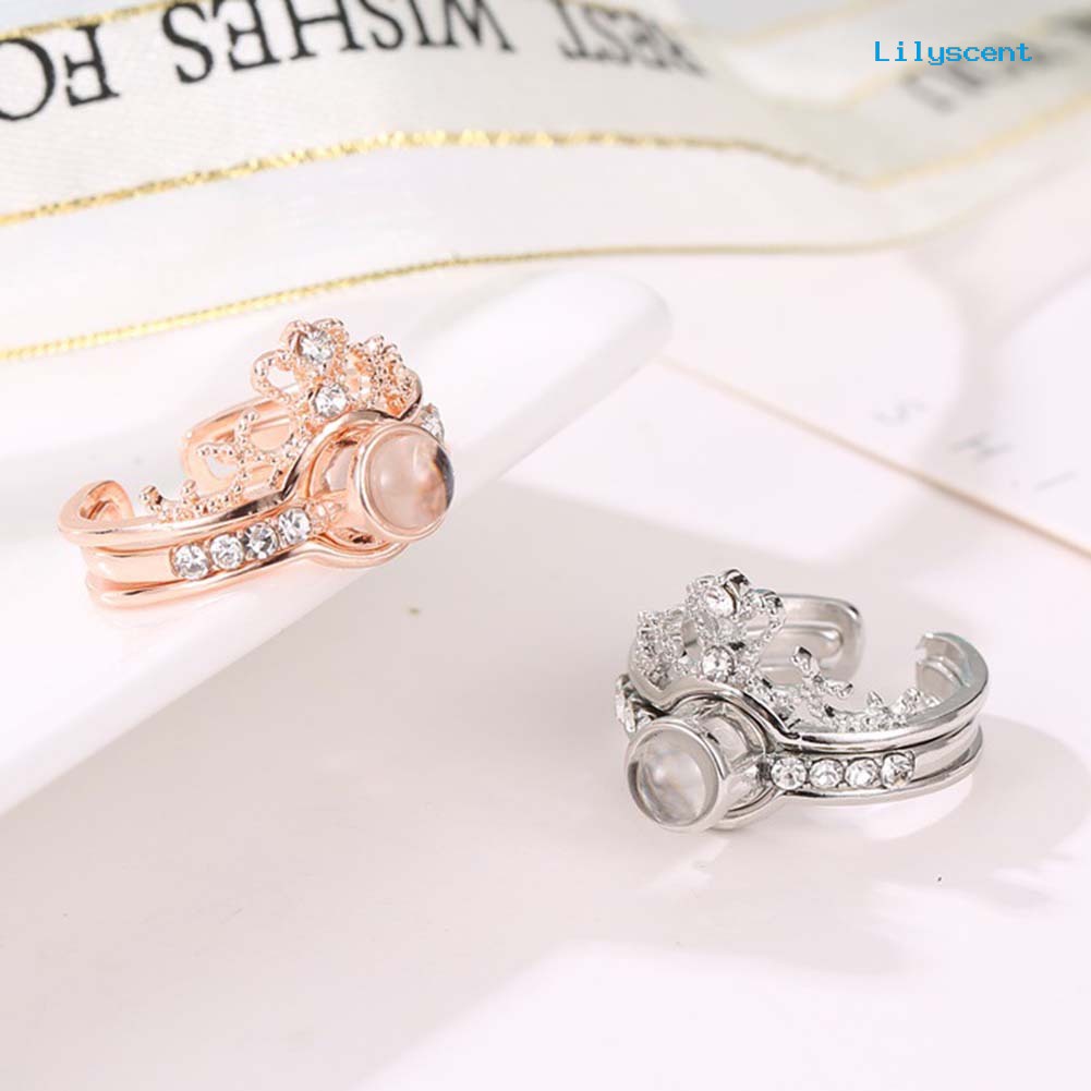 [LS] 2pcs/set Wanita 100bahasa I Love You Proyeksi Mahkota Berlian Imitasi Pembukaan Cincin