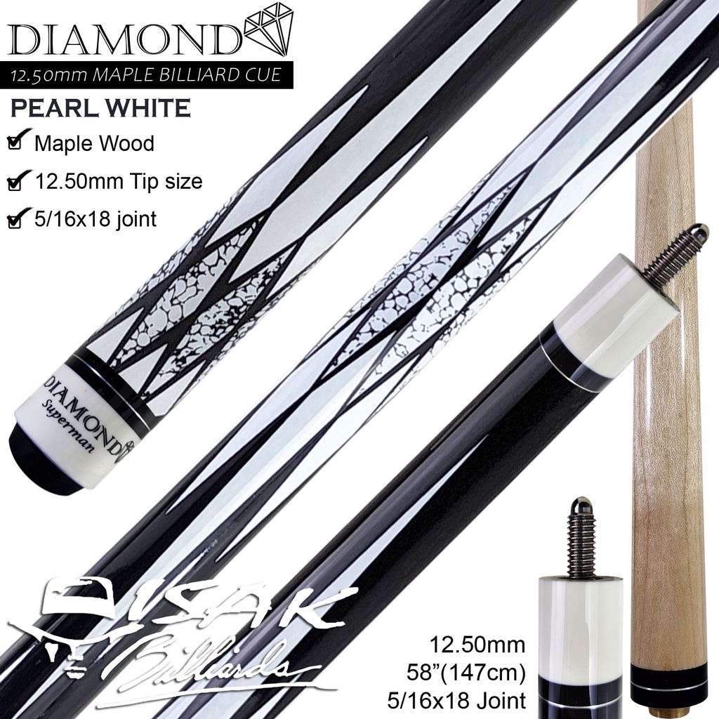 Diamond Maple Pool Cue 12.5mm | Pearl White Billiard Stick Bola Besar