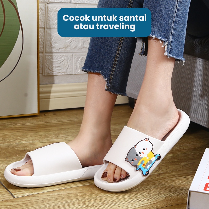 Mainland Sandal Slip On Wanita Sendal Karet Rumahan Model Kucing Lucu Sandal Comfy Kekinian HSN143