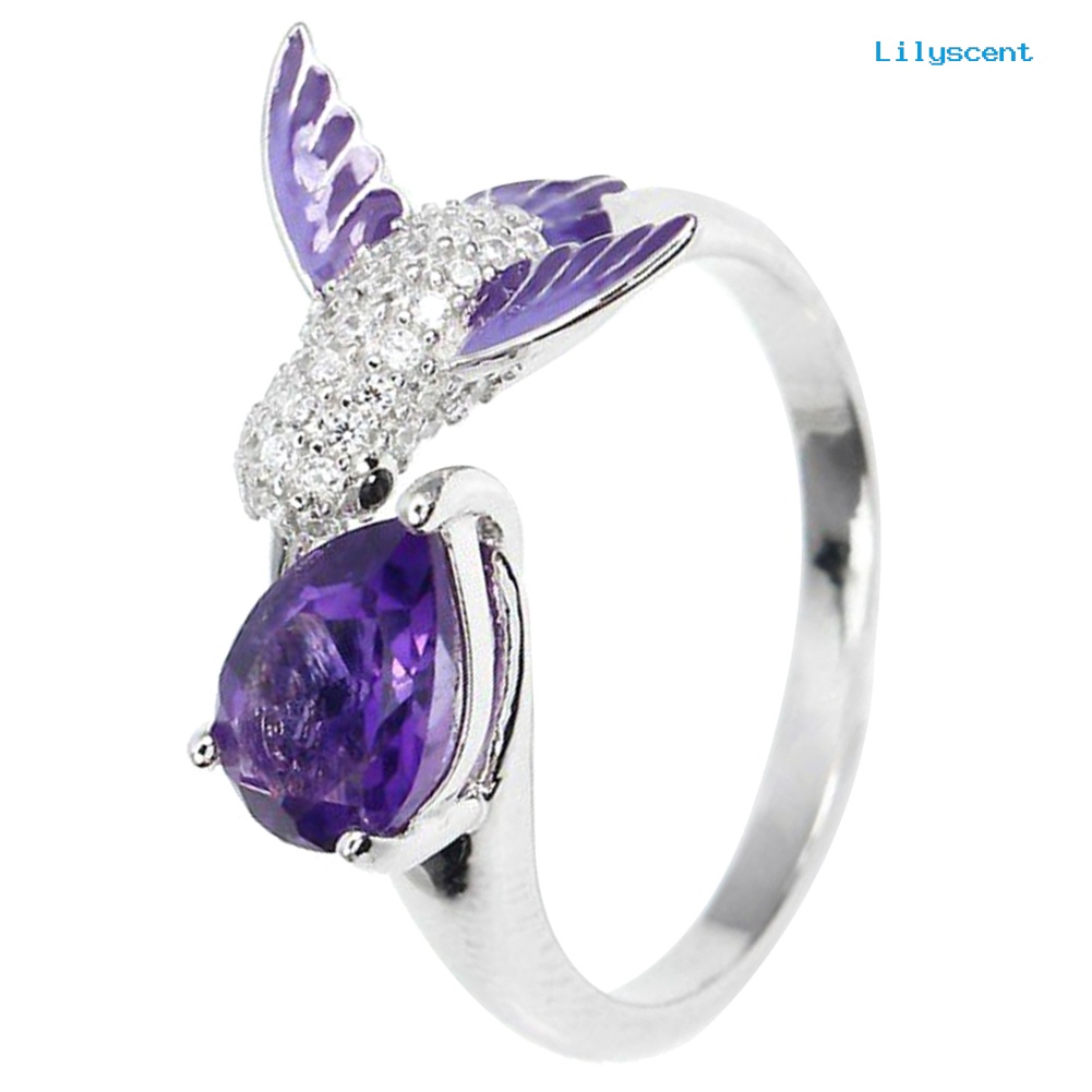 [LS] Bird Water Drop Faux Amethyst Cubic Zirconia Wanita Tunangan Kawin Cincin Terbuka