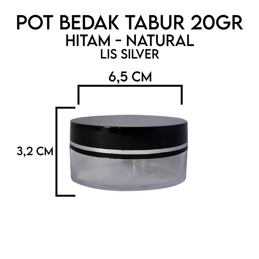 Pot Bedak Tabur 20Gr Tutup Hitam Body Natural List Silver