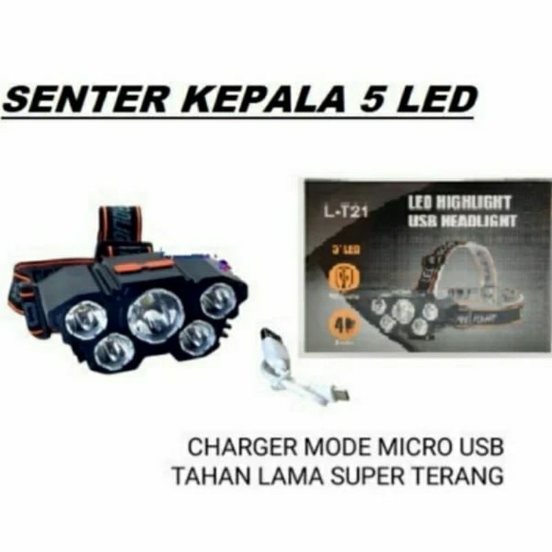 Senter Kepala L-T21 Headlights LED USB 50W + 10W Senter Kepala 5 LED