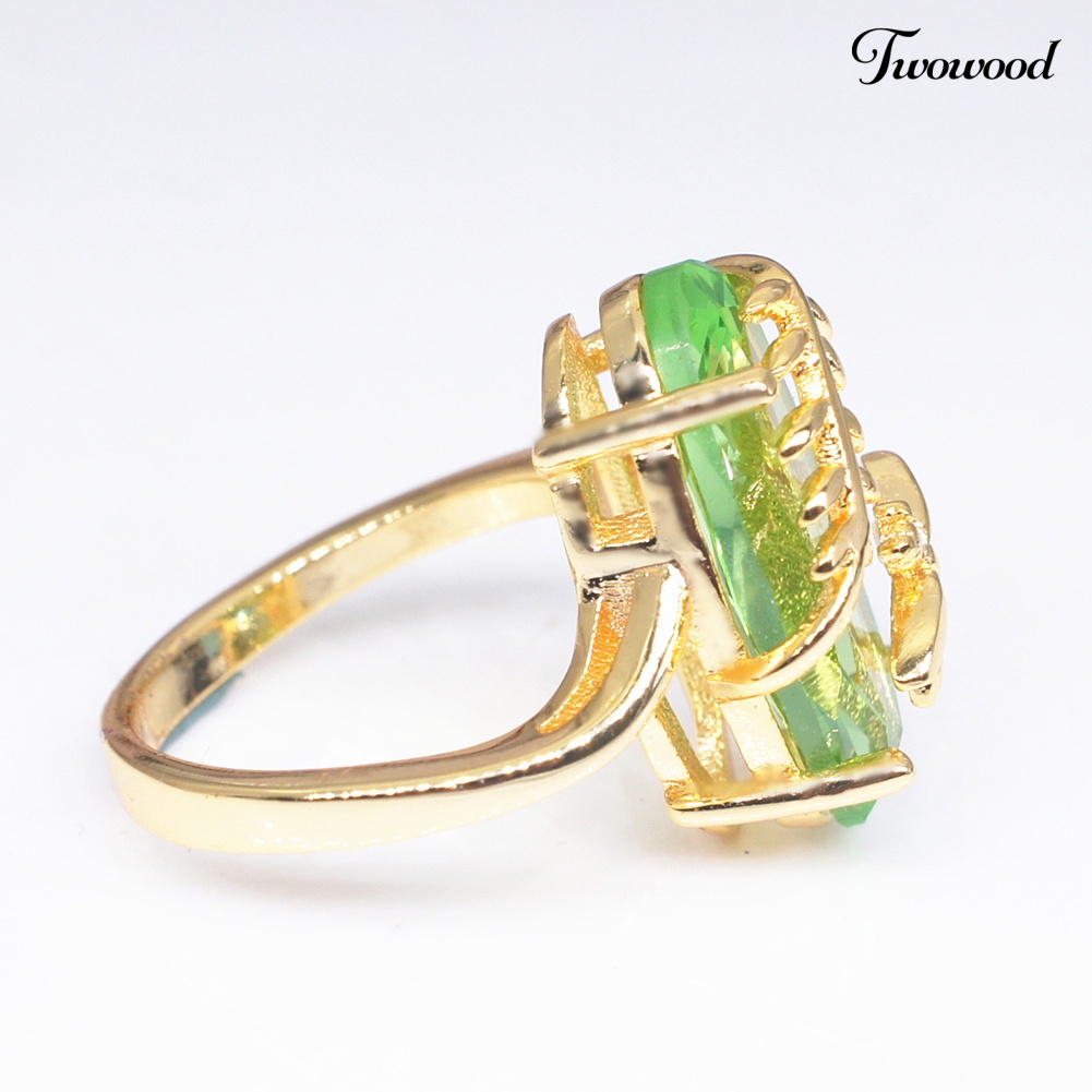 Twowood Chic Wanita Capung Daun Oval Permata Imitasi Twist Jari Cincin Hadiah Perhiasan Pernikahan