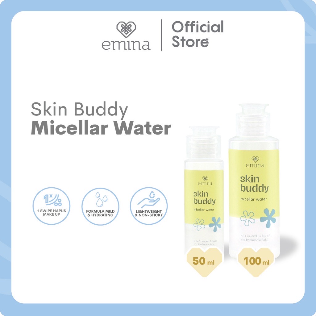 EMINA Skin Buddy Micellar Water Indonesia / Pembersih Wajah 50ml 100ml / With Calendula Extract And Hyaluronic Acid / Pembersih Makeup Formula Mild Hydrating Lightweight Non / Skincare Facial Care / Bubble Up Dot Burst Toner Sun Protection SPF Sunscreen