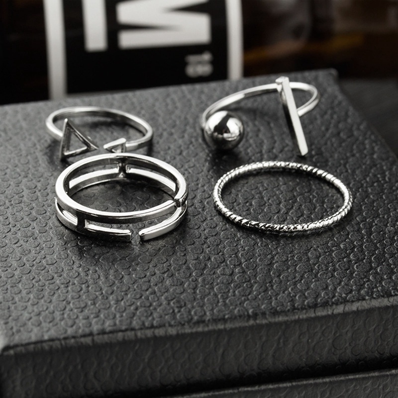 4pcs/set Cincin Gaya Korea Simple Joker Metal Finger Ring Adjustable Warna Silver Untuk Wanita Gift Ring