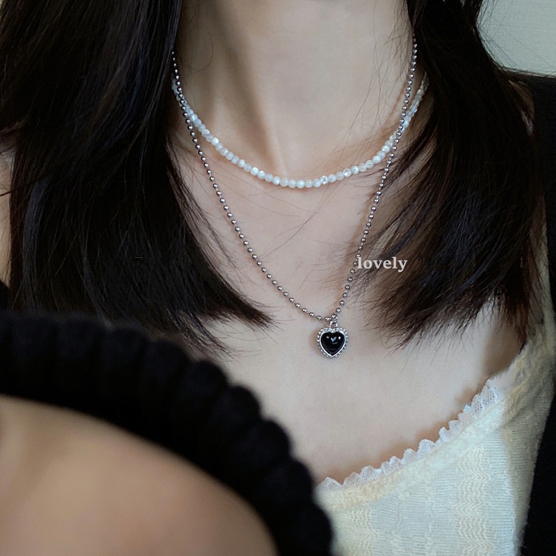 Papaozhu Vintage Perak Manik-Manik Rantai Hitam Hati Liontin Kalung Untuk Wanita Gadis Chic Tulang Selangka Rantai Kalung Bergaya Perhiasan Hadiah