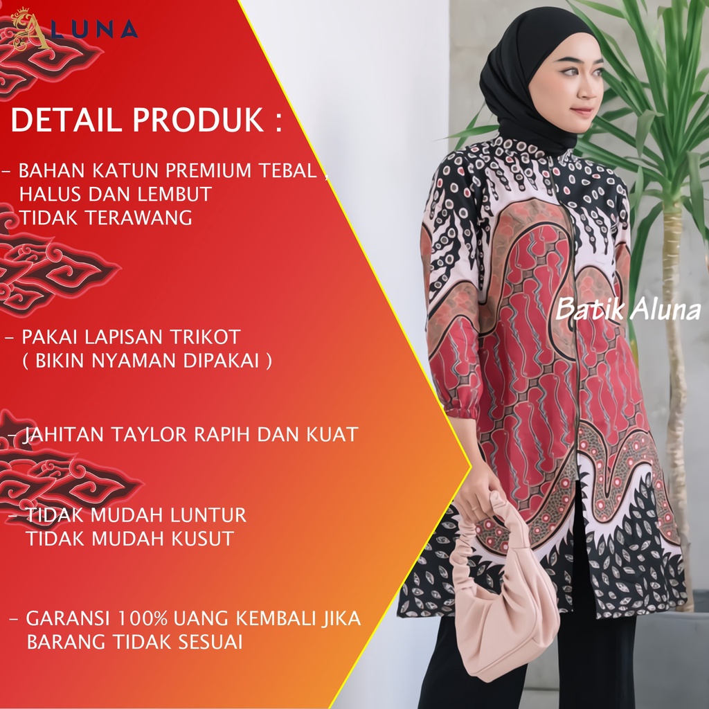 Baju Batik Wanita Tunik Lengan Panjang Katun Lapis Trikot Premium Modern Original Model Resleting Depan Batik Kerja Kantor Kondangan Size M L XL XXL