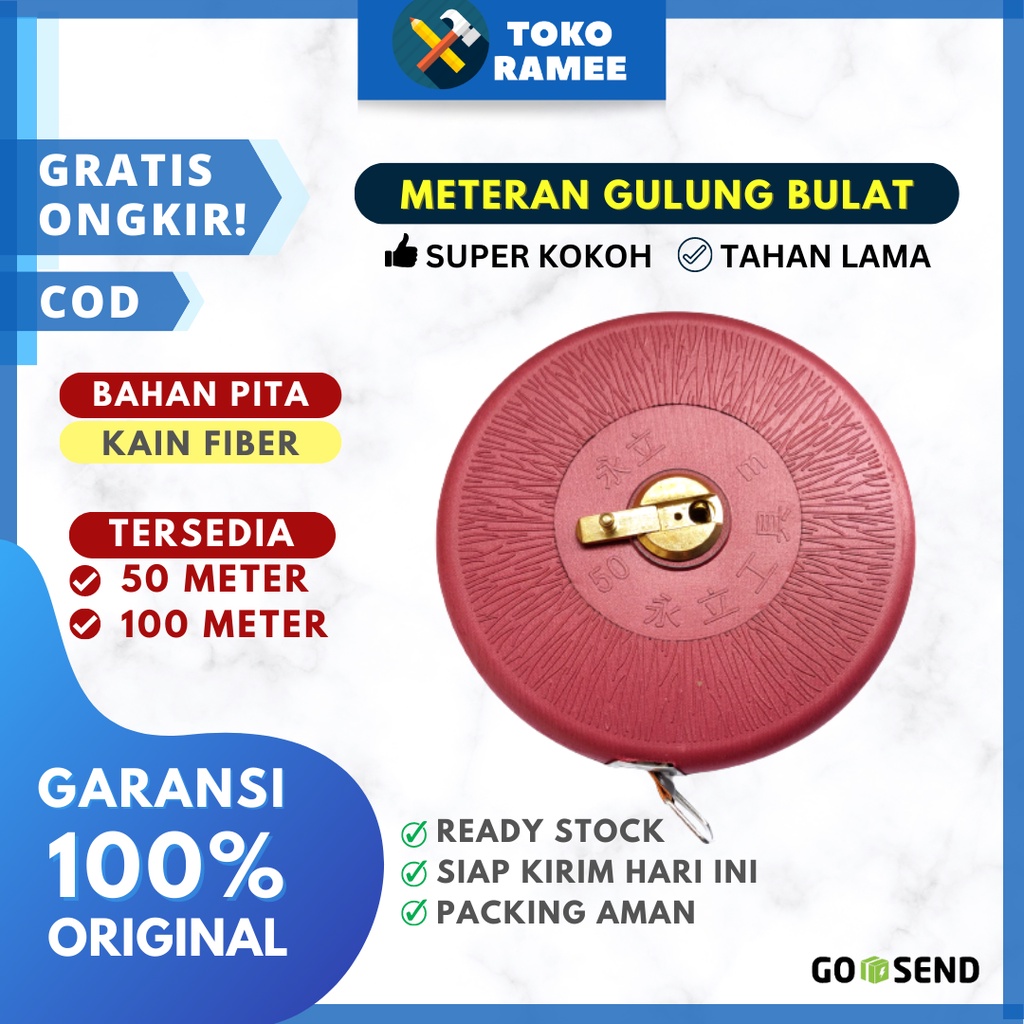 Meteran Bulat / Meteran Tukang / Tanah / Bangunan Gulung Roll Model Bulat Panjang 50M / 100M Bahan K