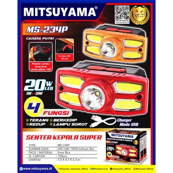 Senter Kepala Super MS-234P Charger Mode USB Cahaya Putih 4 Fungsi Mode 20 W Led Headlamp / SENTER KEPALA 20W / SENTER KEPALA MINI